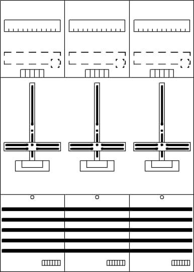 Strukturní diagram se třemi vertikálními osami, číslovanými od 1 do 3. Nahoře obdélníková pole, dole čárové vzory.