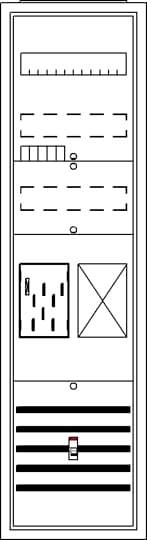 Diagram rozváděčového rozložení: Obsahuje různé moduly, pojistkové prvky a vedení. Některé spínače jsou zvýrazněny.