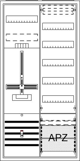Diagram rozvaděče s několika pojistkami, hlavním vypínačem uprostřed a oblastí s nápisem APZ v dolní části.