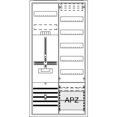 Diagram rozvaděče s několika pojistkami, hlavním vypínačem uprostřed a oblastí s nápisem APZ v dolní části.