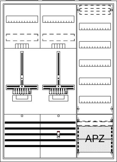 Schéma elektrického zapojení elektronické skříně s označením 'APZ'. Zobrazuje různé moduly a elektrické obvody.