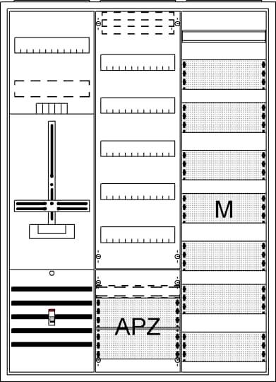 Schéma zapojení zařízení s vyznačenými oblastmi 'M' a 'APZ'. Zobrazuje rozmístění a propojení elektrických komponentů.