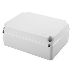 Bílý, obdélníkový plastový box s odnímatelným víkem a šroubovacími otvory v rozích, pravděpodobně určený pro elektrické instalace.