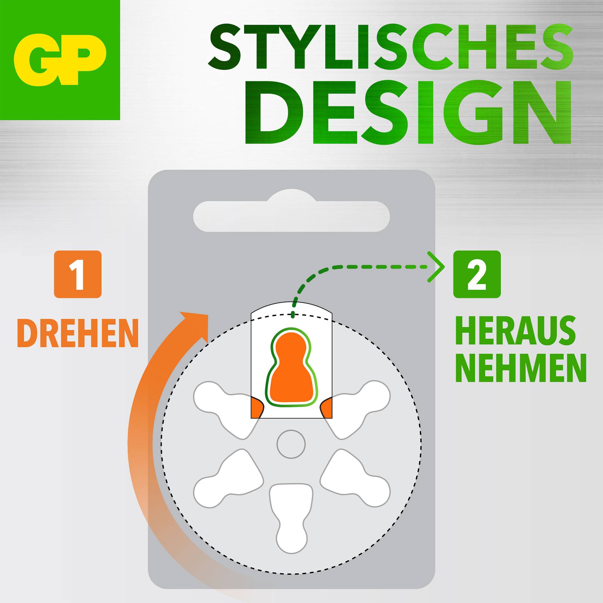 Stylový design: Diagram ukazuje, jak otočit držák baterie, abyste vyjmuli baterii ze zařízení.