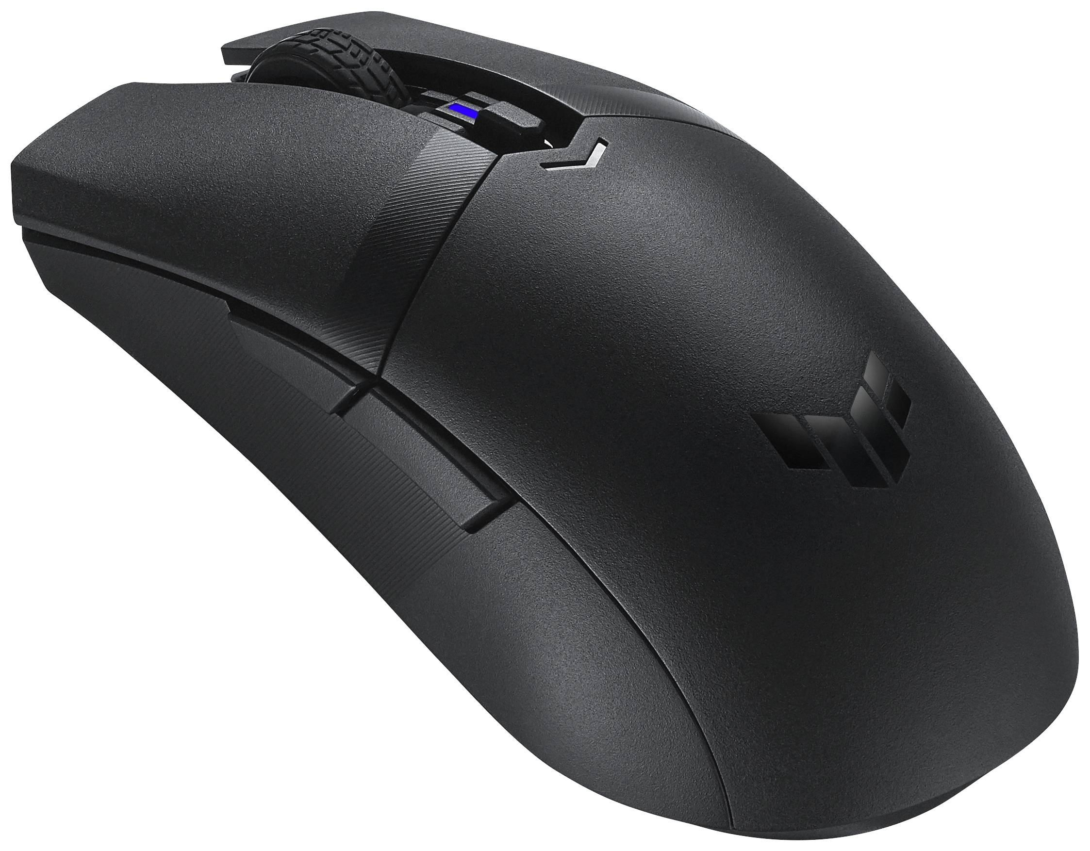 Černá počítačová myš s ergonomickým designem a podsvíceným kolečkem na bílém pozadí.