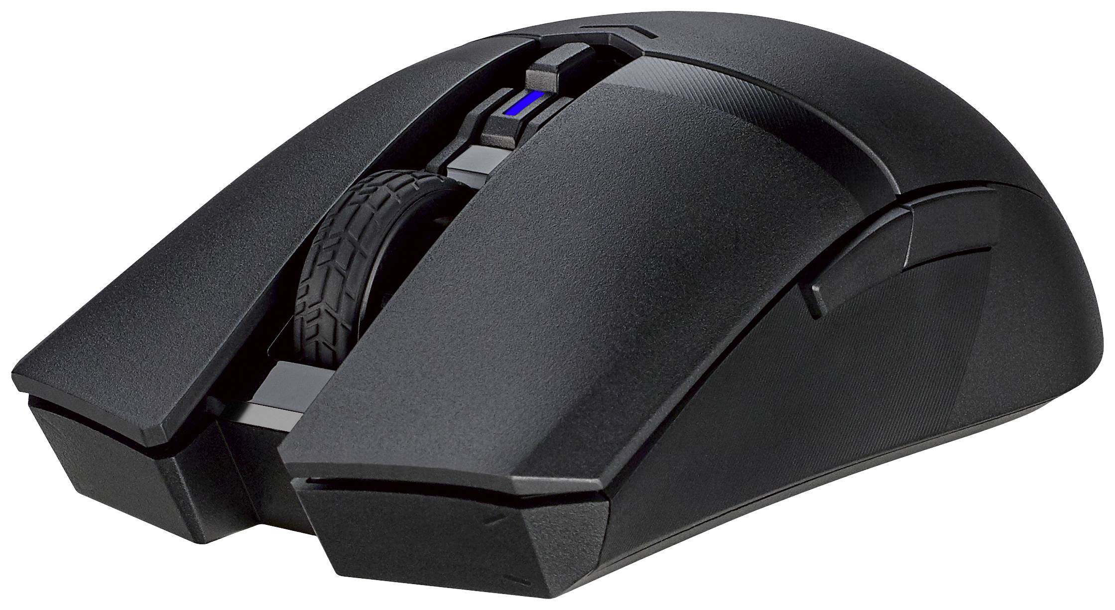 Černá herní myš s ergonomickým designem, rolovacím kolečkem uprostřed a postranními tlačítky pro dodatečné funkce.