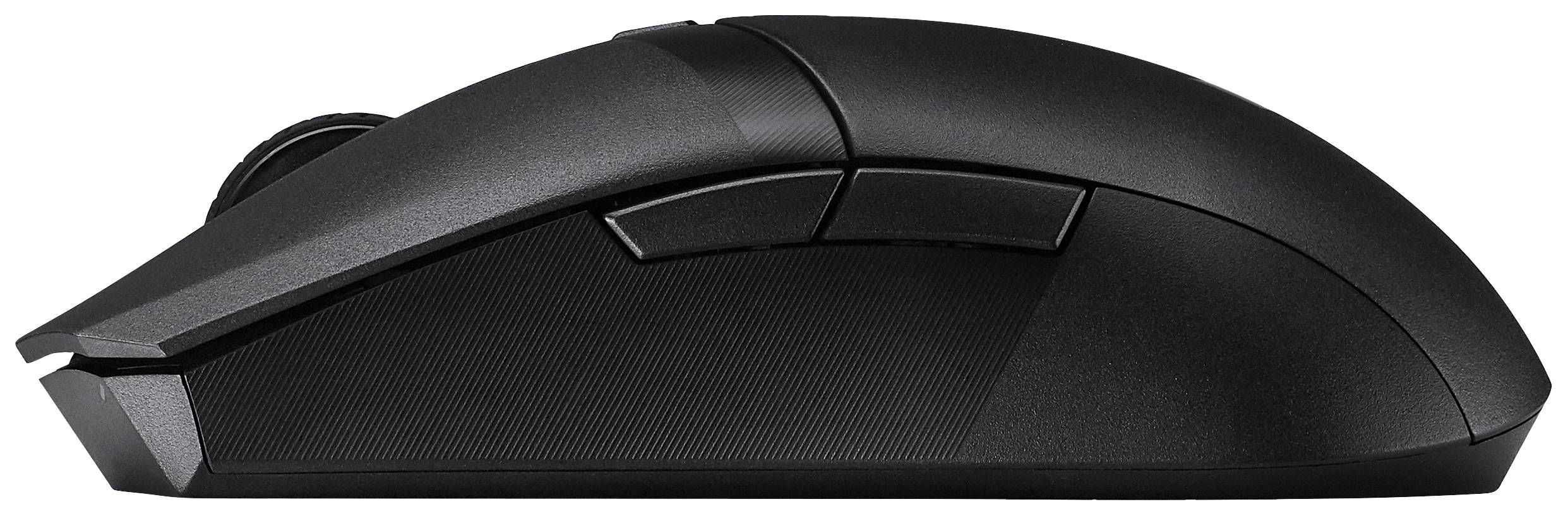 Bezdrátová černá počítačová myš se dvěma postranními tlačítky a kolečkem pro rolování. Má ergonomický design pro lepší uchopení.
