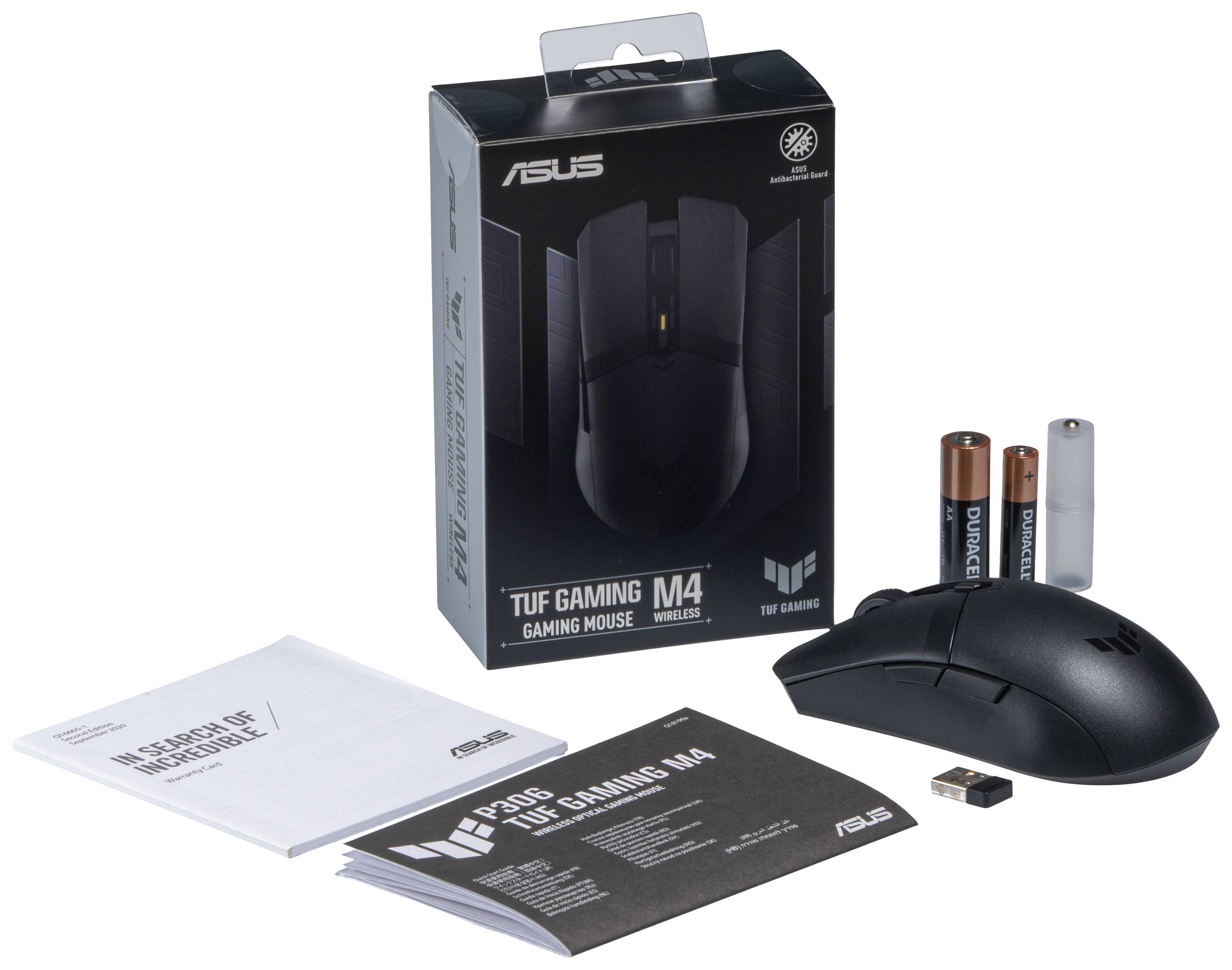Herní bezdrátová myš ASUS TUF Gaming M4 s příslušenstvím - balením, bateriemi, USB donglem, návodem k použití a záručním listem na bílém pozadí.