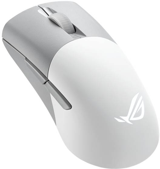 Bílá a šedá bezdrátová herní myš s podsvíceným logem na povrchu. Ergonomický design s kolečkem pro posun a dvěma tlačítky.