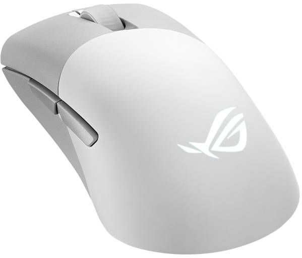 Bílá bezdrátová počítačová myš s ergonomickým designem a podsvíceným logem na zadní straně. Ideální pro pohodlnou práci nebo hraní her.