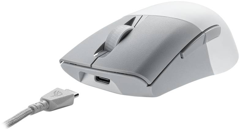 Bezdrátová šedá počítačová myš s odnímatelným kabelem USB-C, vhodná pro hraní i produktivní práci.