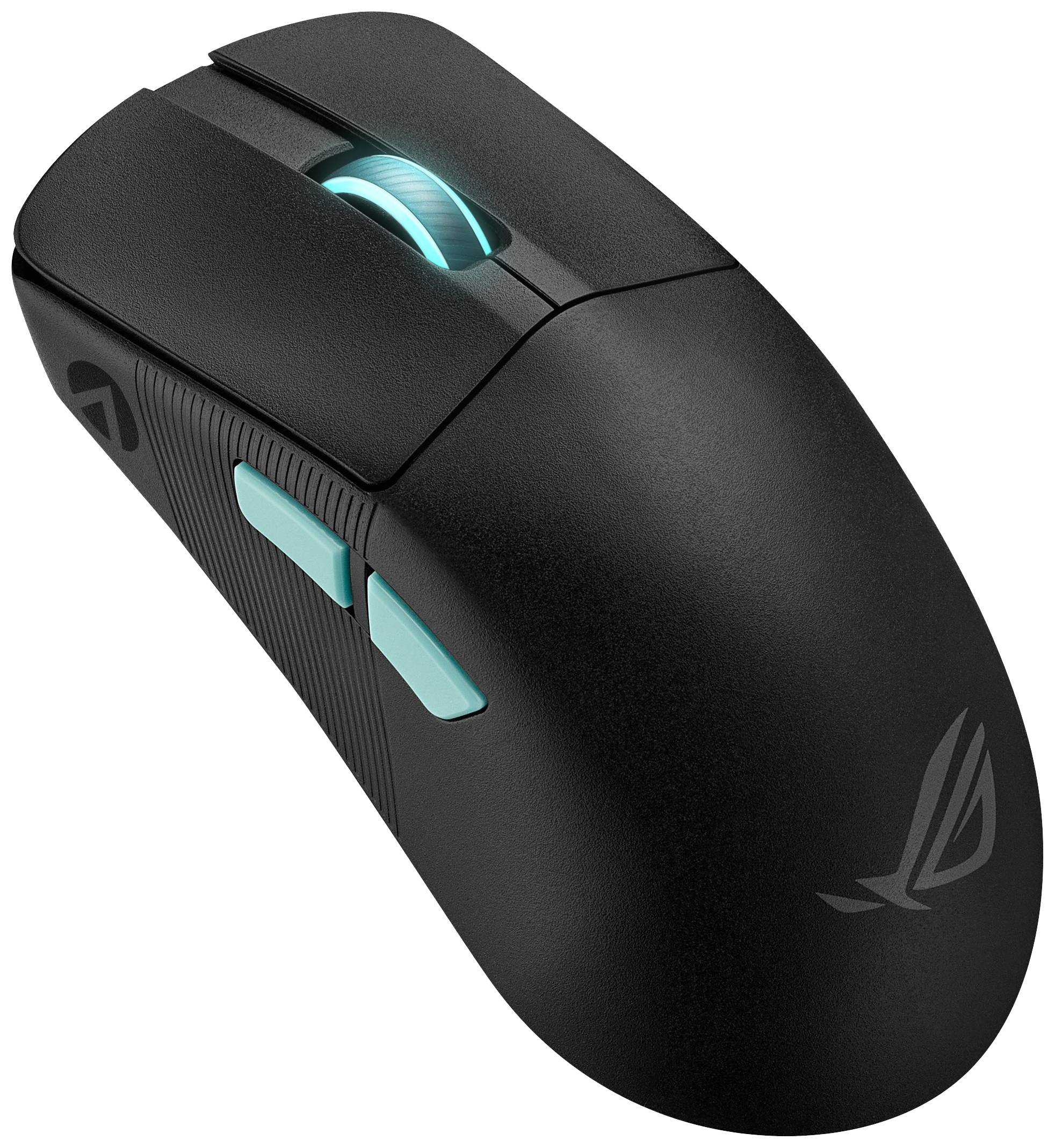 Černá herní myš s osvětleným kolečkem a postranními tlačítky, vhodná pro ergonomické a přesné hraní. Logo ROG je viditelné.