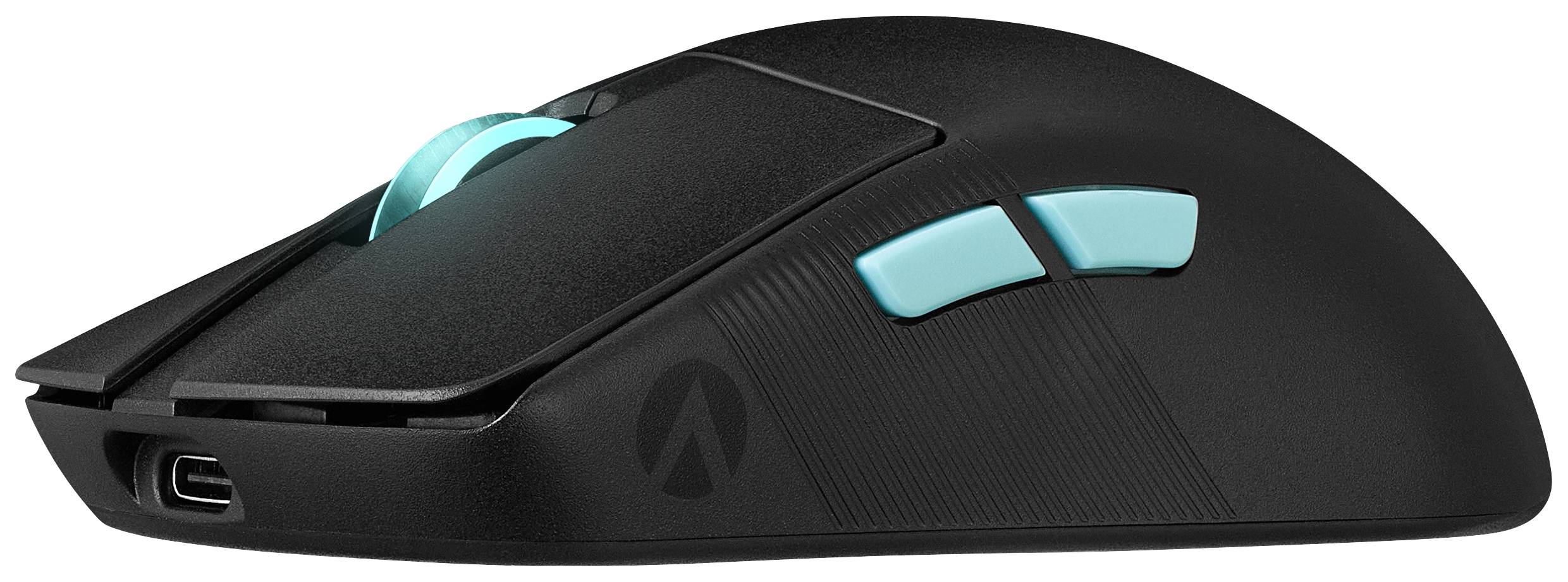 Černá herní myš s tyrkysovými tlačítky a podsvíceným scrollovacím kolečkem. Ergonomický design, USB-C port je viditelný.