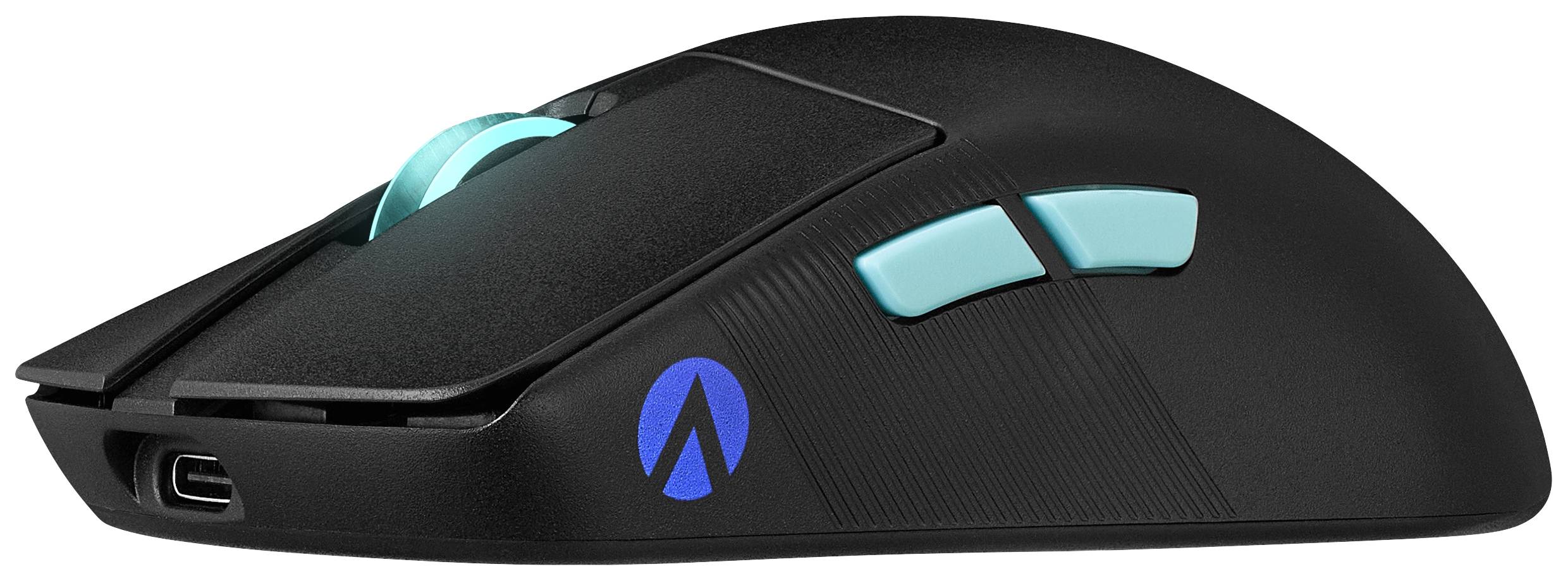 Černá herní myš s modrými akcentními tlačítky a podsvíceným kolečkem. Boční pohled zvýrazňuje ergonomický design.