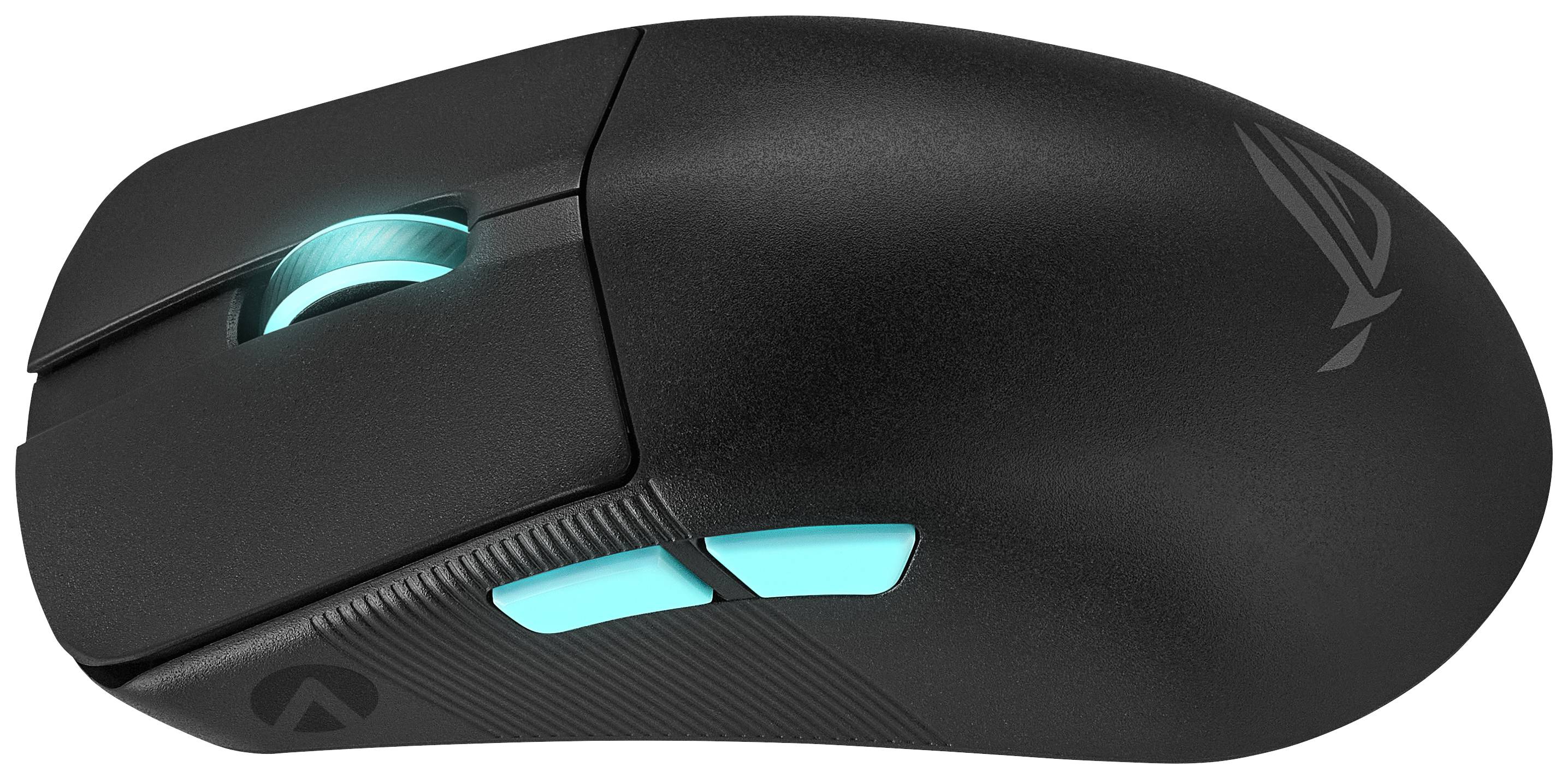 Černá bezdrátová herní myš s modrou LED podsvícením na straně. Ergonomický design, hladký povrch, viditelné logo značky.