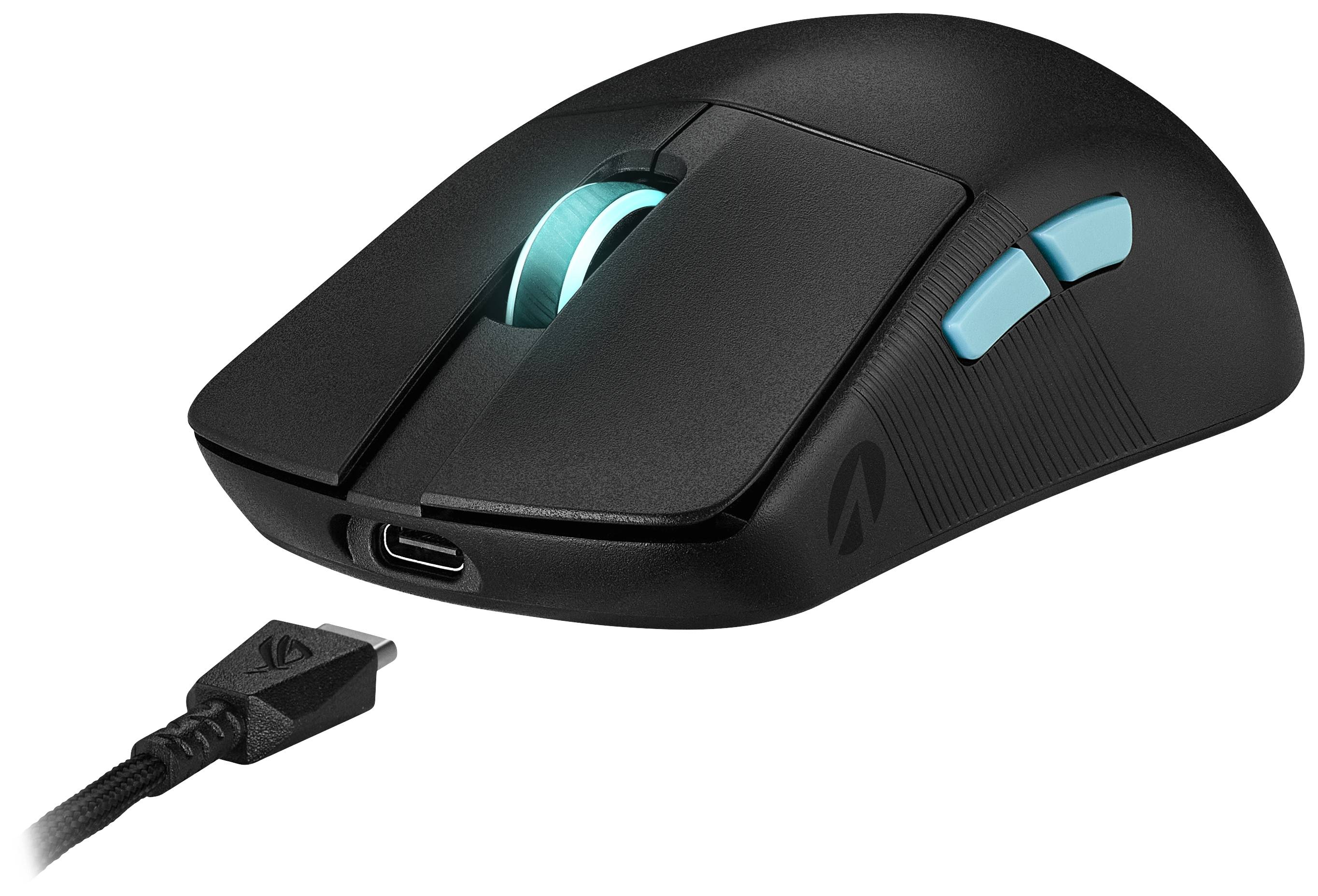 Černá herní myš se dvěma modrými postranními tlačítky a podsvíceným kolečkem. Je zobrazen USB port.