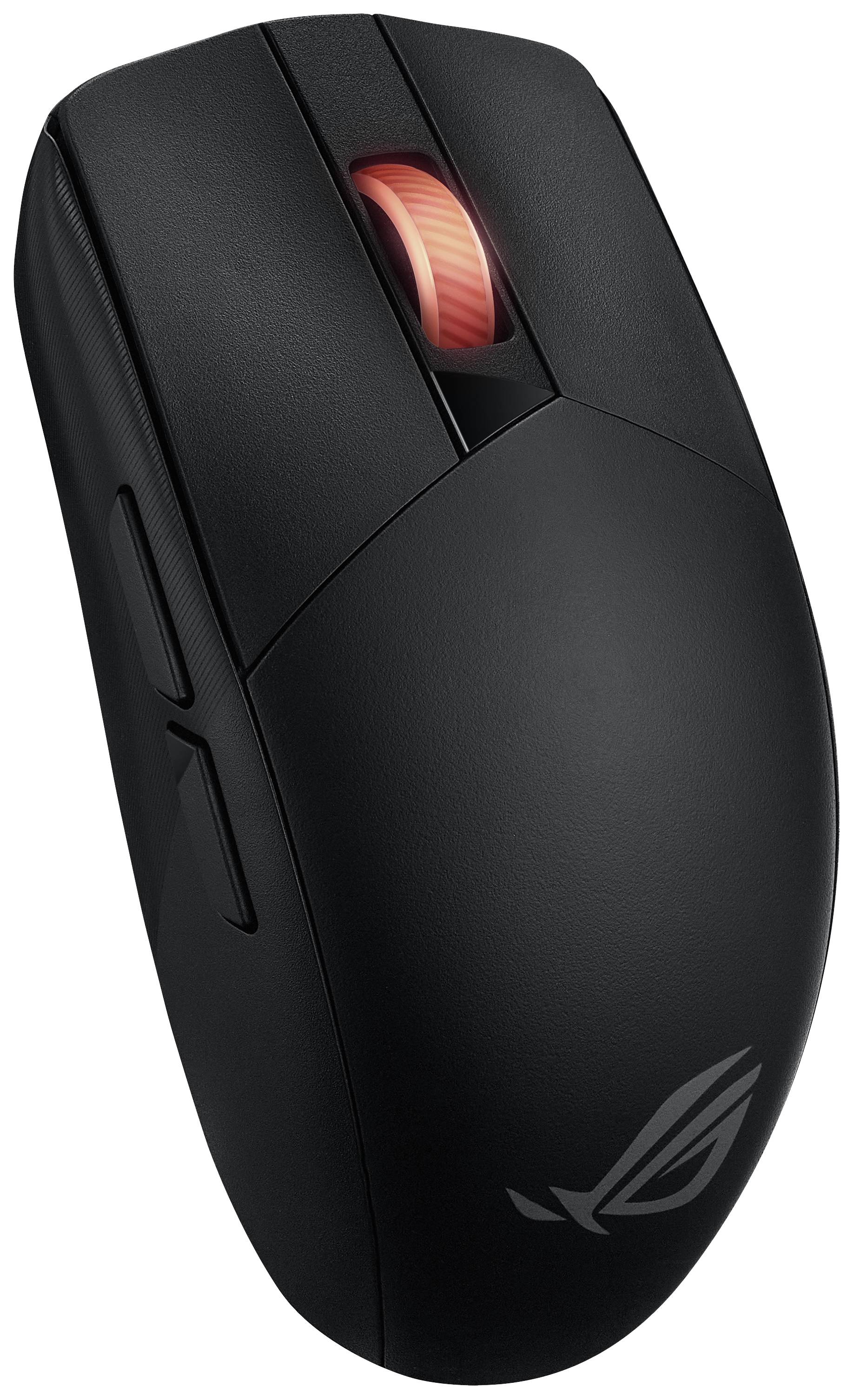 Černá počítačová myš s ergonomickým designem, červeným kolečkem pro posun, bočními tlačítky a logem na přední straně.