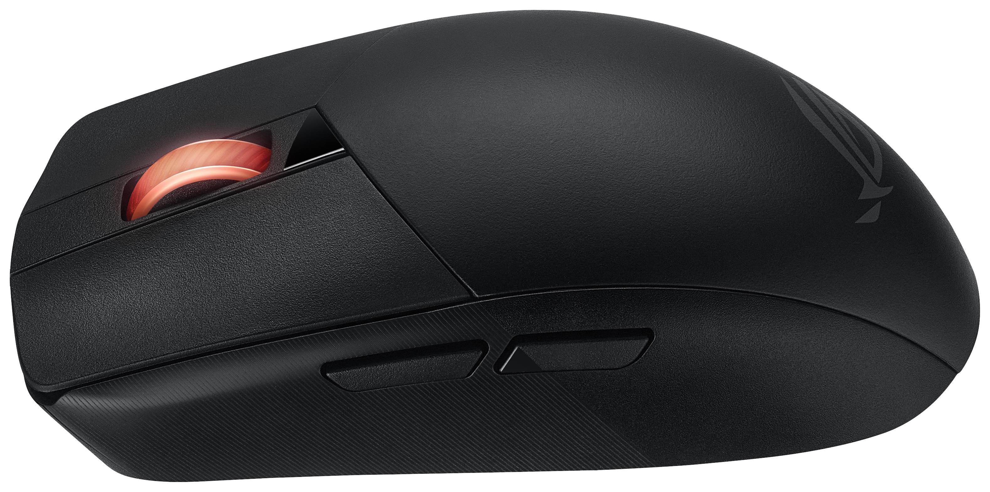 Černá počítačová myš s červeným podsvíceným kolečkem a dvěma postranními tlačítky. Moderní, ergonomický design.