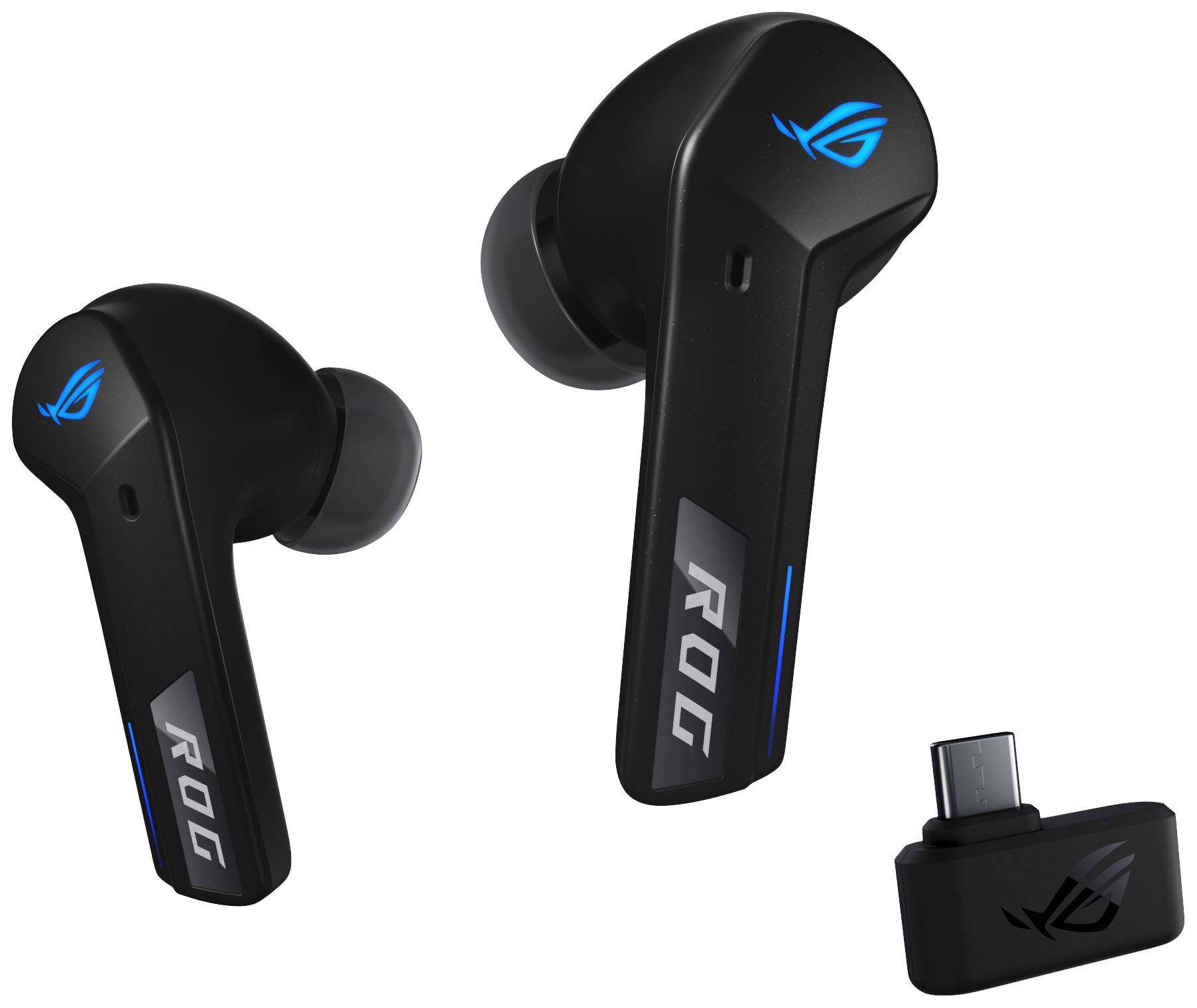 Bezdrátová černá sluchátka s modrým logem a USB-C donglem od značky ROG. Ideální pro gaming a hudbu.
