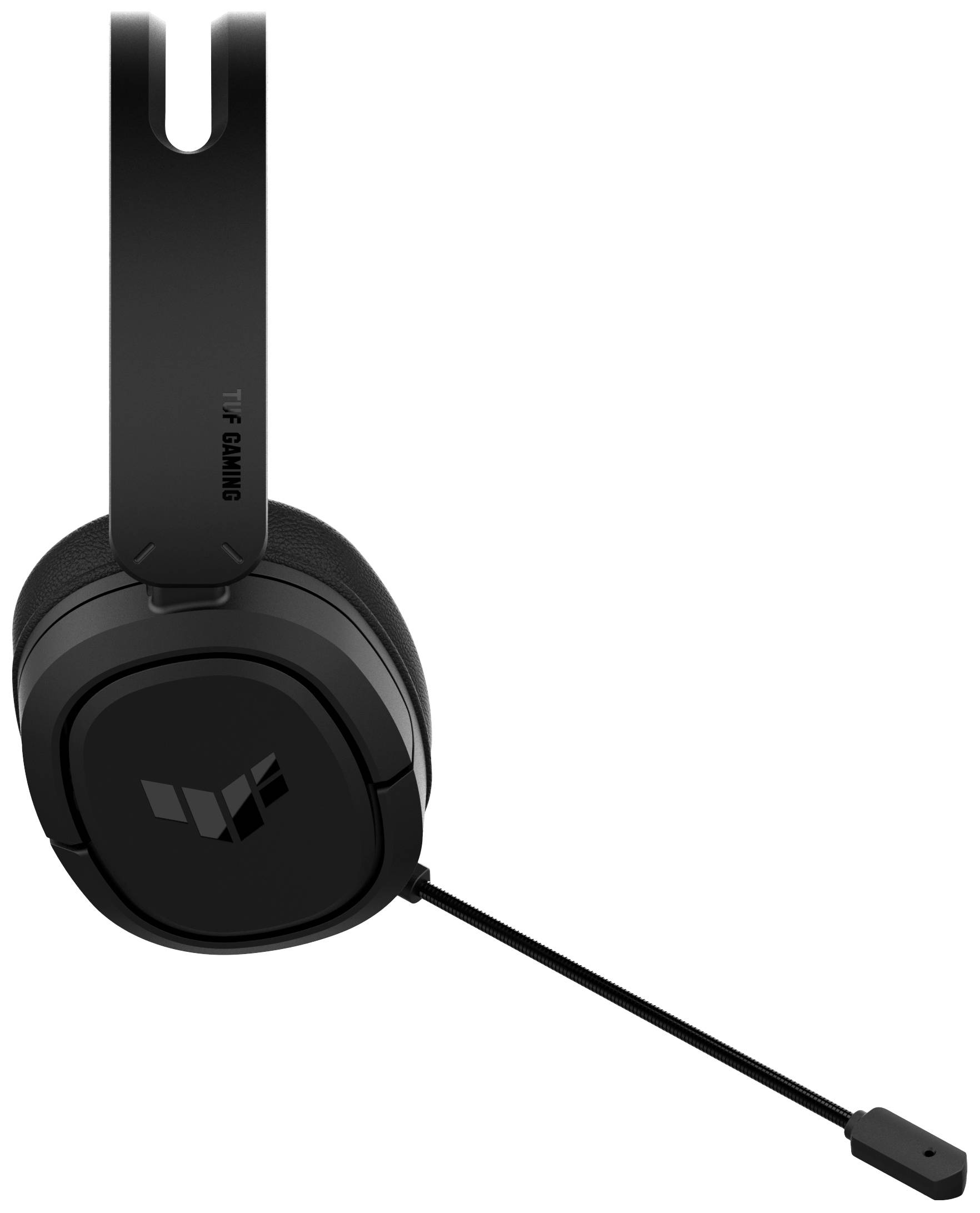 Černé herní sluchátka s mikrofonem a hlavovým mostem. Na straně je logo 'TUF Gaming'. Navrženo pro pohodlné hraní.