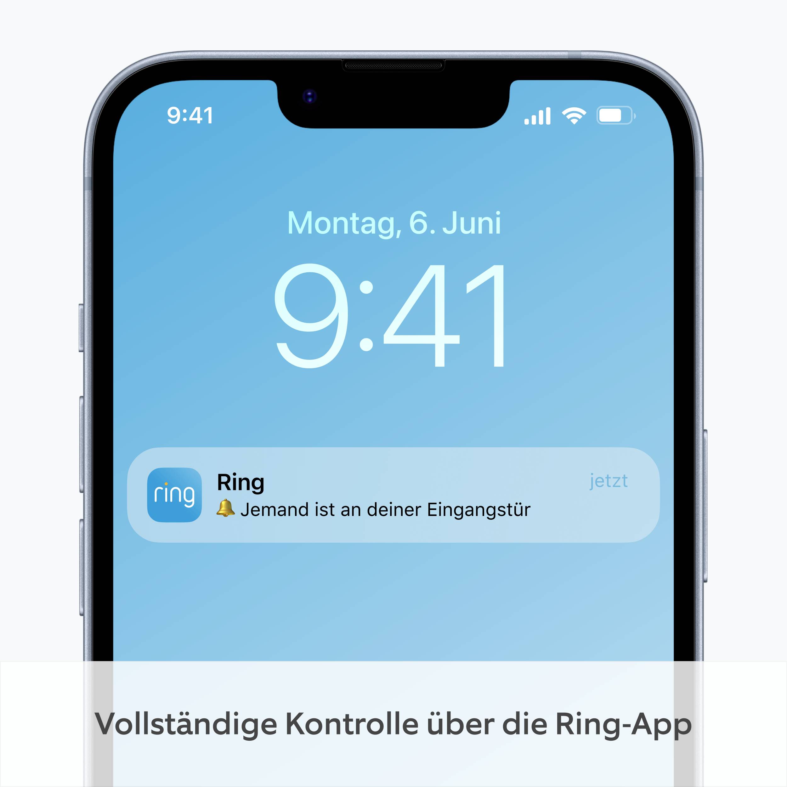 Displej chytrého telefonu zobrazuje oznámení z aplikace Ring: 'Někdo je u tvých vstupních dveří.' Datum: Pondělí, 6. června.