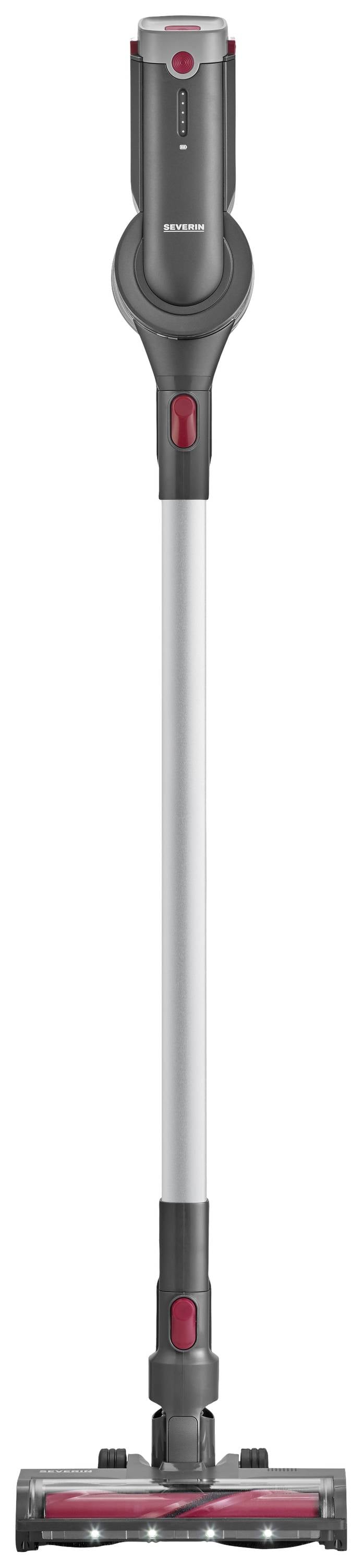 Bezdrátový tyčový vysavač v šedé barvě s červenými akcenty a LED osvětlením na hubici. Vertikální formát.