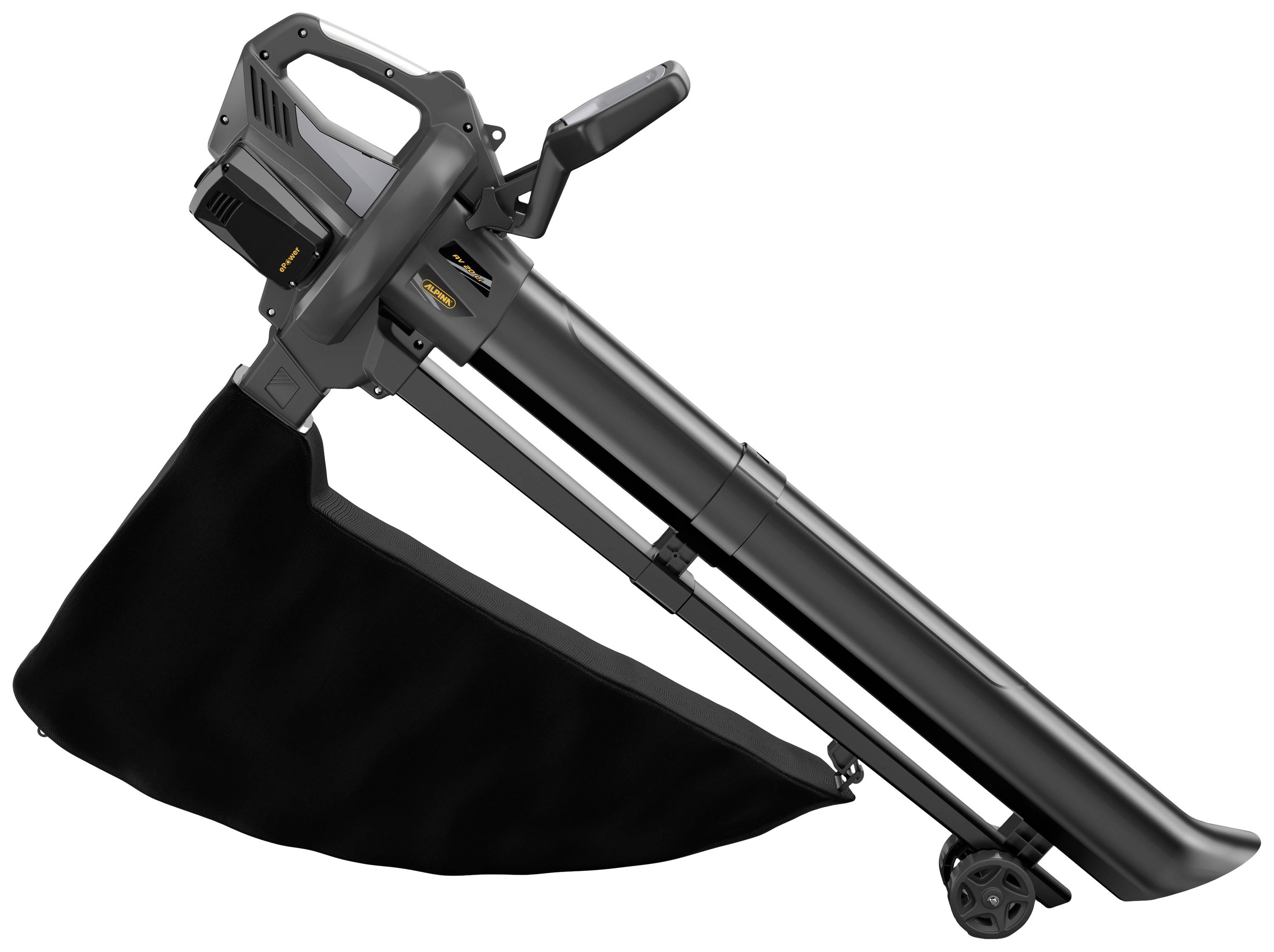 Akumulátorový vysavač listí s černým sběrným vakem a kolečky. Ergonomická rukojeť pro snadnou manipulaci. Vhodný pro zahradní práce.