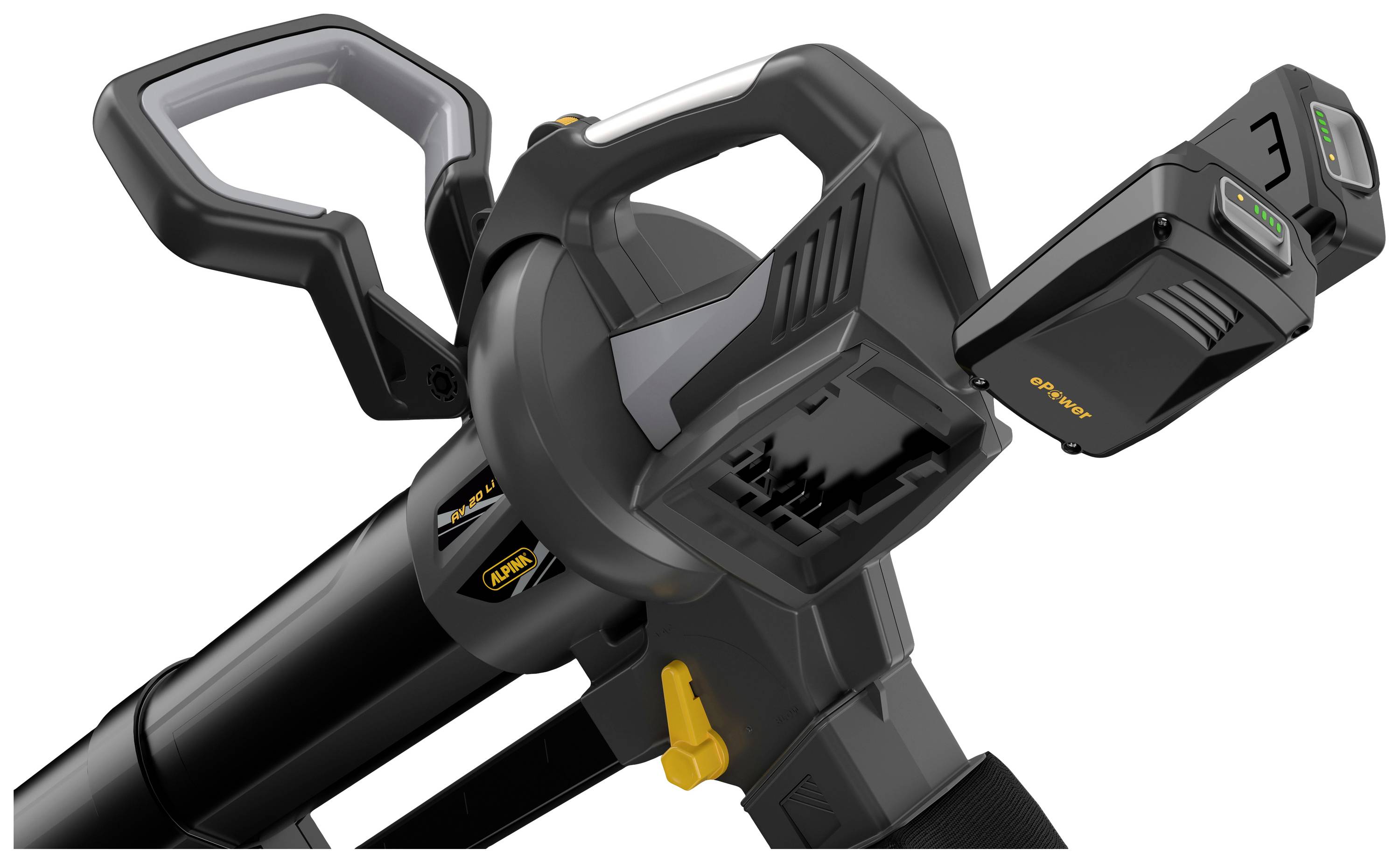 Elektrický foukač listí s ergonomickými rukojeti a dvěma akumulátorovými bateriemi. Navržen pro efektivní odstraňování listí na zahradě.