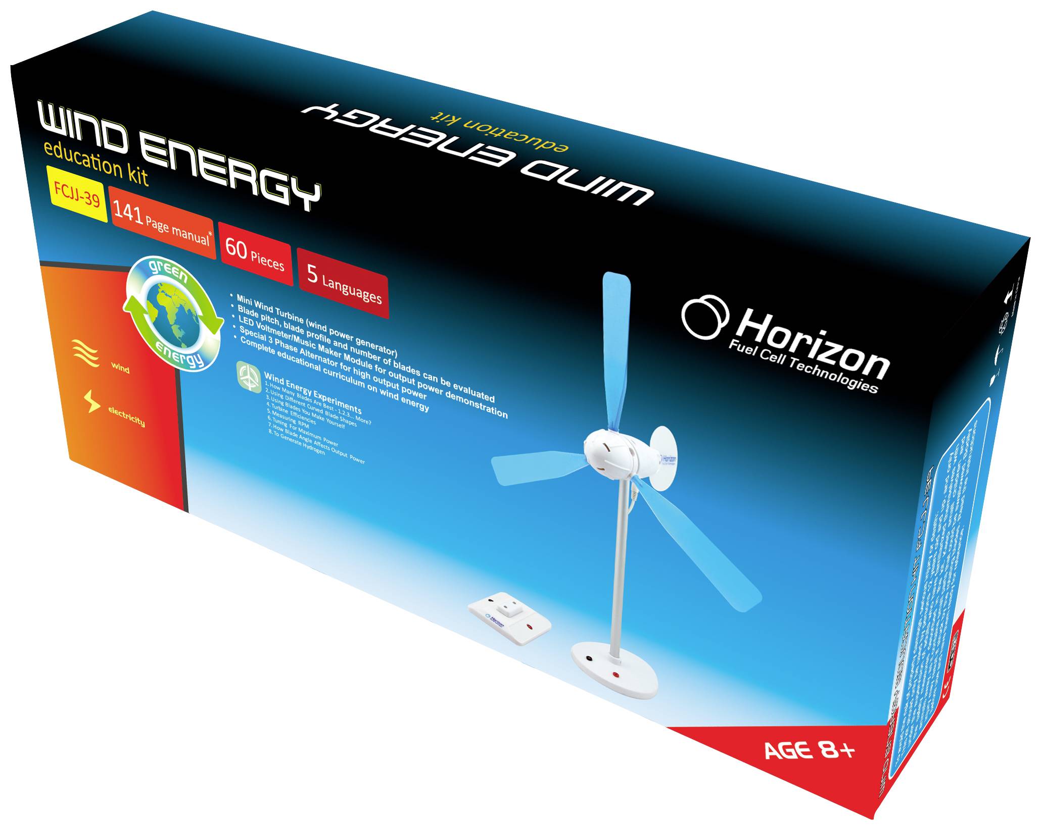 Vzdělávací sada pro větrnou energii obsahuje model větrné elektrárny s modrými listy, vhodný pro děti od 8 let, 60 dílů.