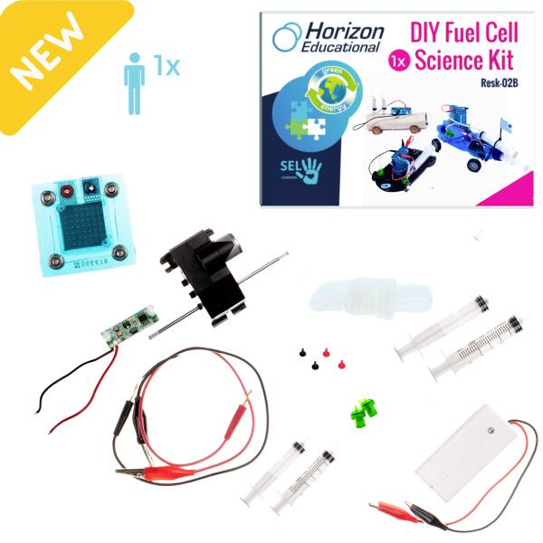 Sada pro vědecké experimenty s palivovými články 'DIY Fuel Cell Science Kit' obsahuje díly pro experimenty s palivovými články, jako jsou vodiče, stříkačky a malá deska plošných spojů.