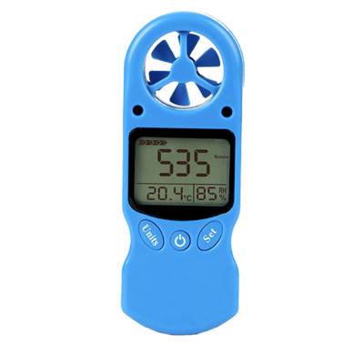 Modré digitální anemometr ukazuje '20,4°C' a '85% RV'. Nahoře je vestavěný ventilátor. Zařízení pro měření teploty a vlhkosti vzduchu.