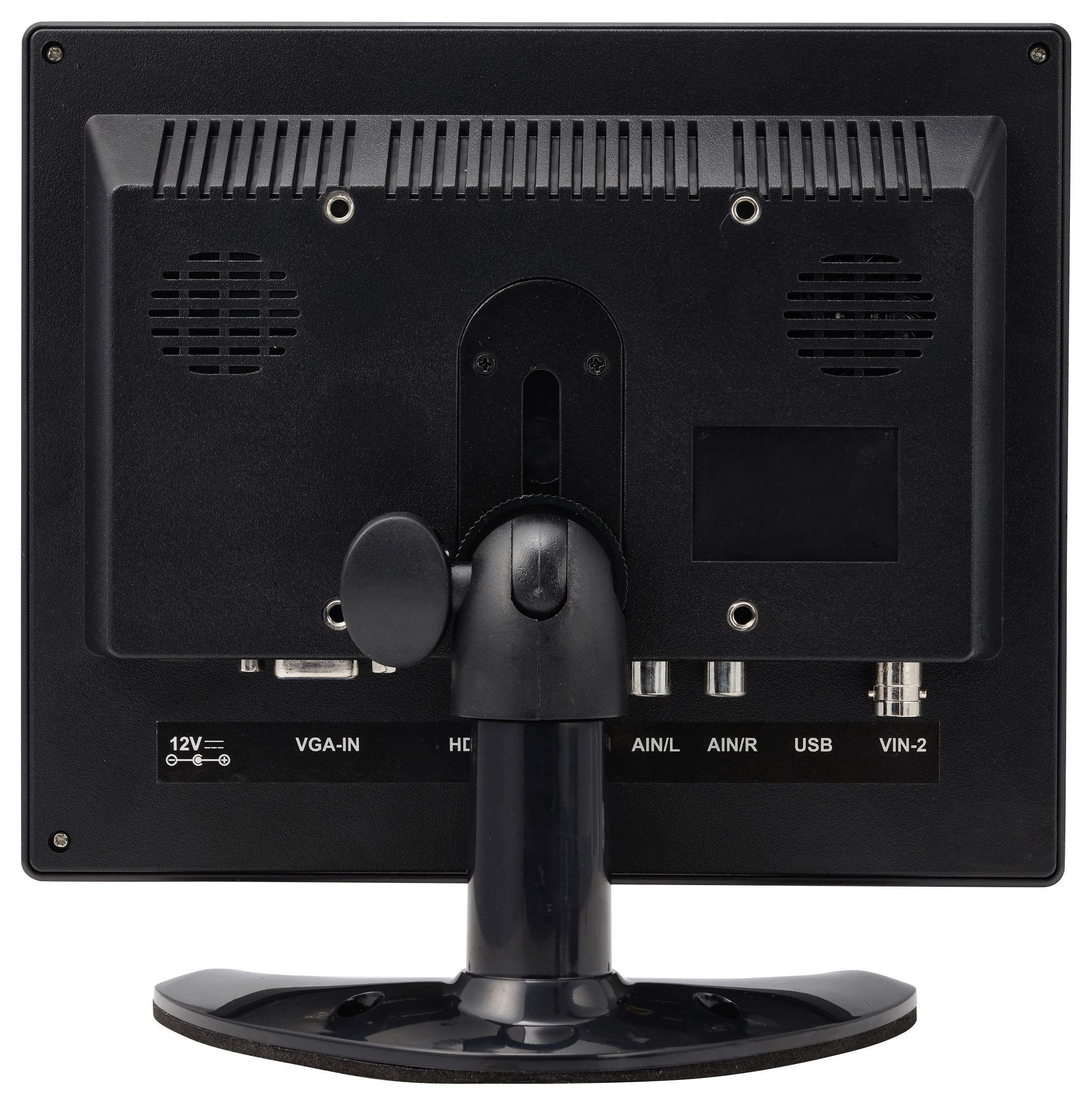 Zadní část desktopového monitoru na stojanu, zobrazující porty napájení, VGA, audio, USB a videovýstupu.