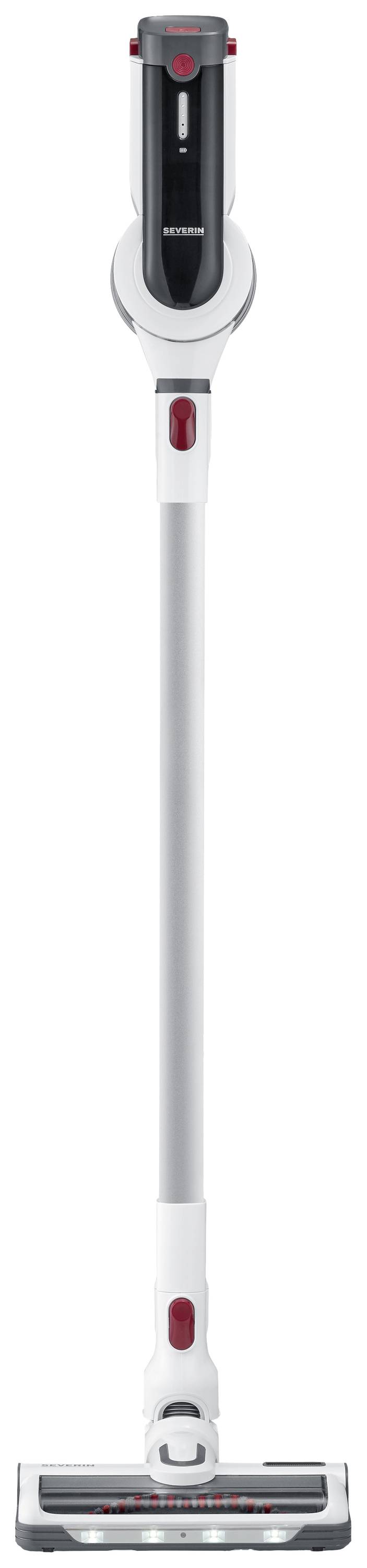 Bezdrátový, bílý vysavač s černou rukojetí, ideální pro flexibilní úklid.