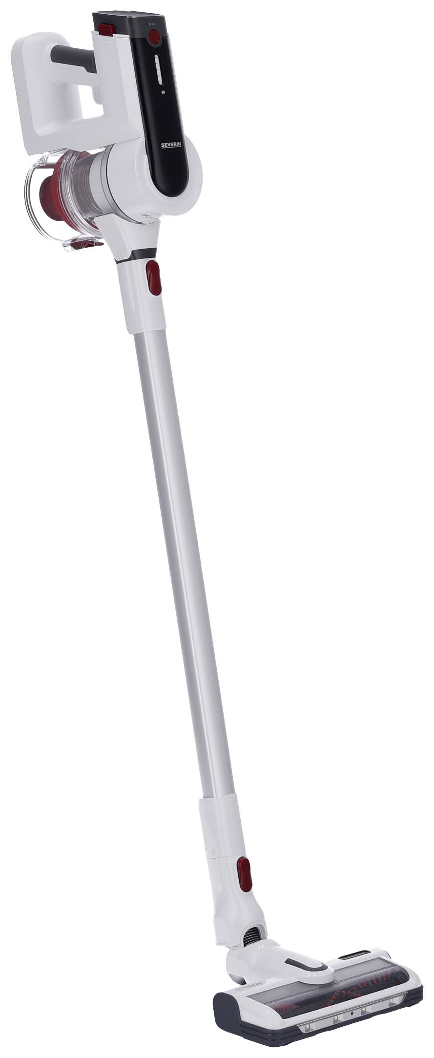 Bílý bezdrátový vysavač s červeným akcentem na bílém pozadí, který ukazuje moderní design a obratnost.