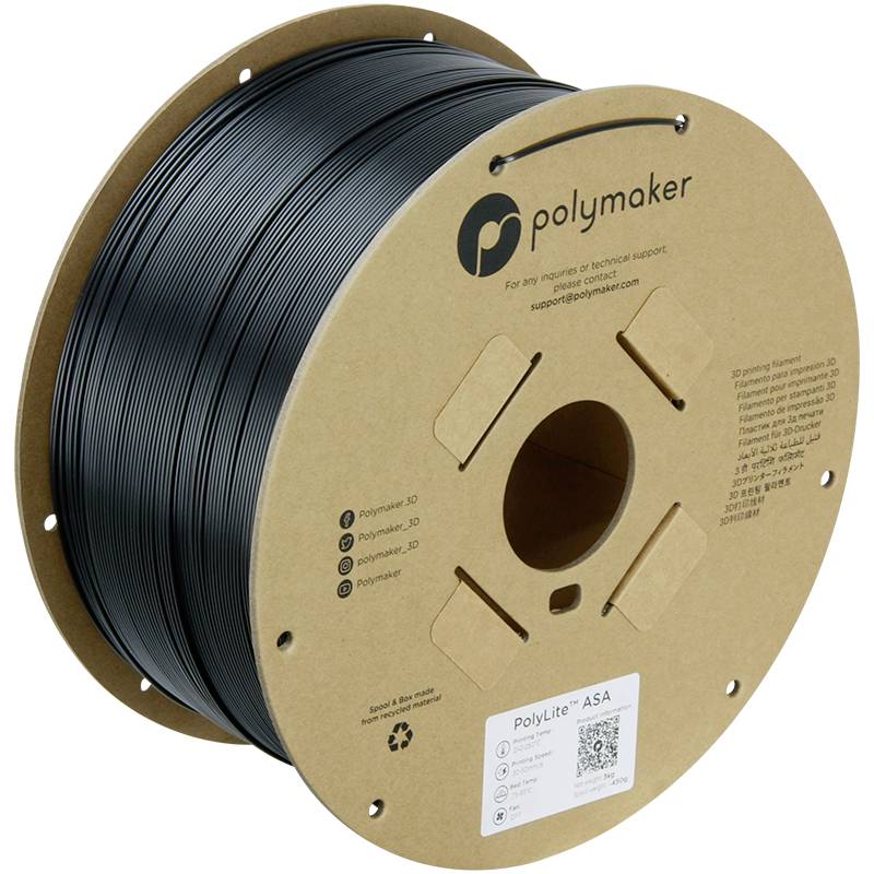 Černá role 3D tiskového filamentu od společnosti Polymaker, s etiketou 'PolyLite ASA' na hnědém papírovém jádře.