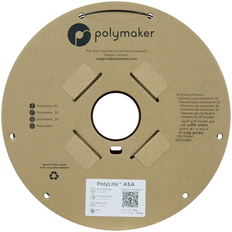'Polymaker cívka filamentu z recyklovaného materiálu. Kontaktní informace a sociální média jsou uvedeny. PolyLite™ ASA 450g.'