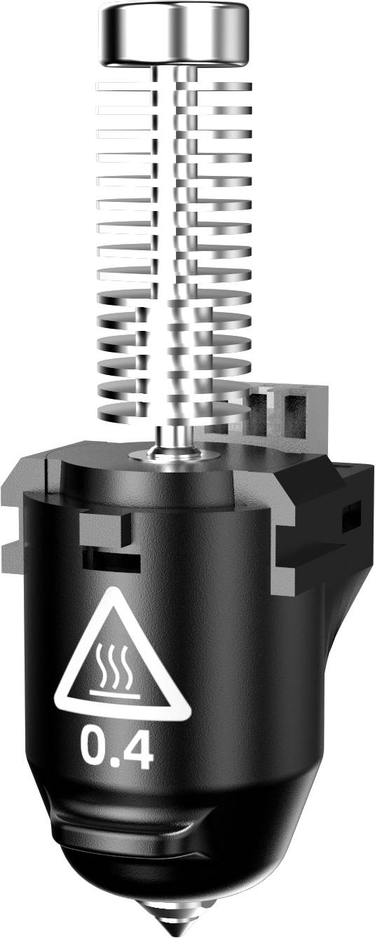 Tryska 3D tiskárny. Obsahuje výstražný symbol tepla a údaj velikosti trysky 0,4, černý kryt s kovovými komponenty.