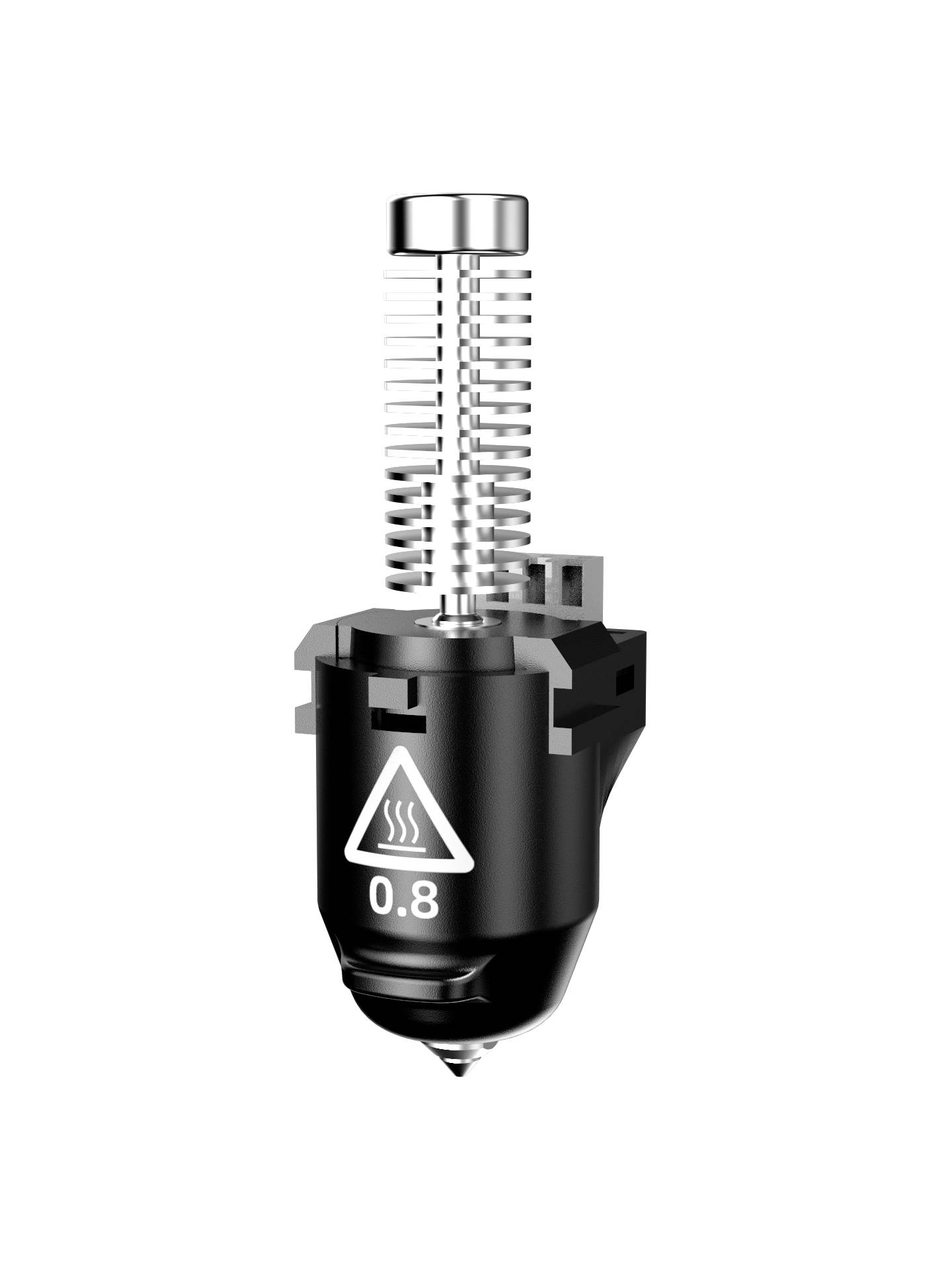 Elektrický 3D tiskový hotend s topným symbolem a nápisem „0,8". Stříbrné a černé komponenty, detailní pohled.