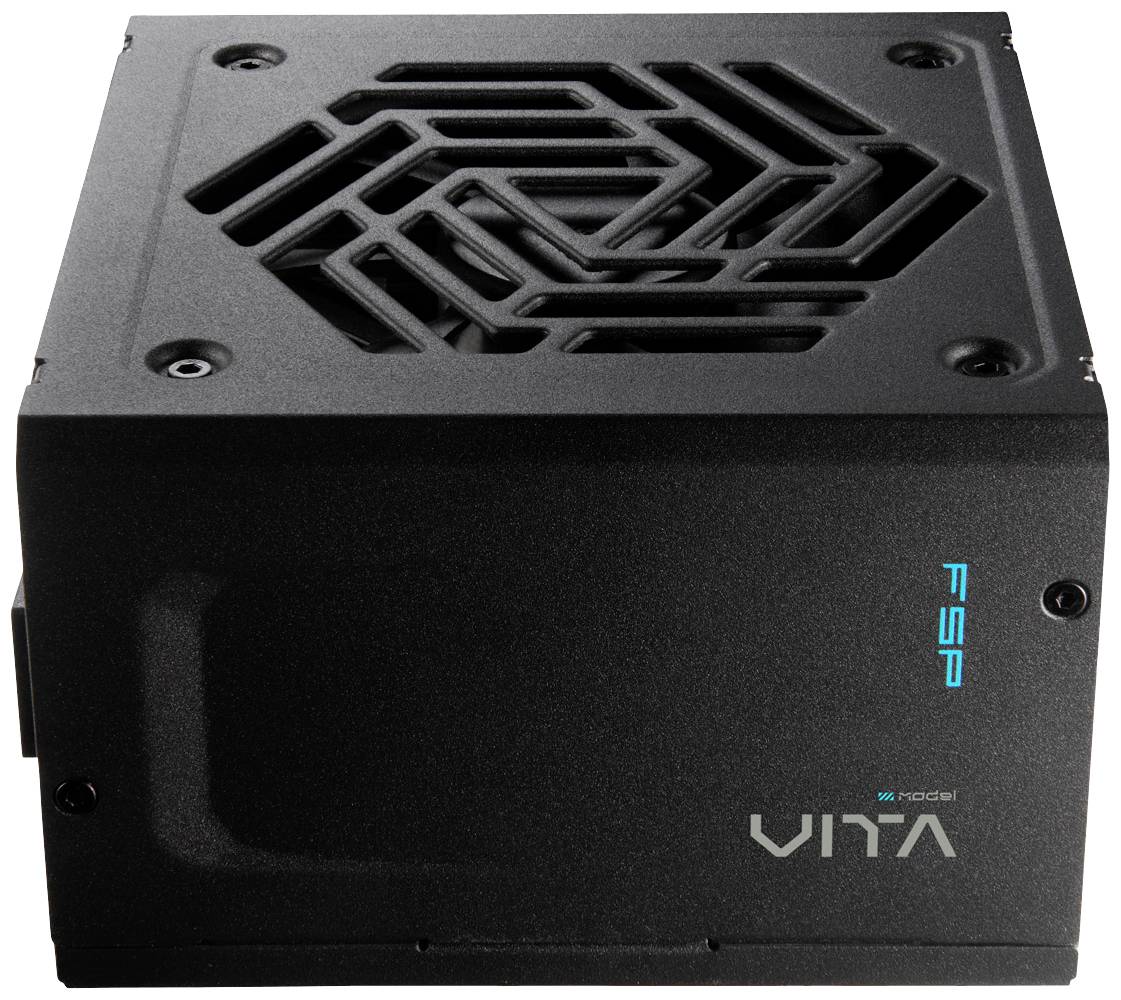 Černý PC napájecí zdroj s mřížkou ventilátoru nahoře a modrým logem 'FSP' na straně. Kompaktní design vhodný pro počítačový hardware.
