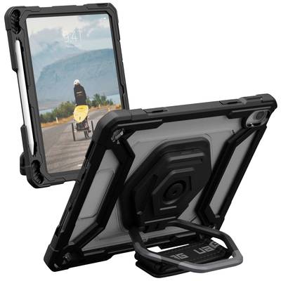 Tablet v robustním černém ochranném pouzdře s integrovaným stojánkem, na obrázku je cyklista jedoucí po silnici.