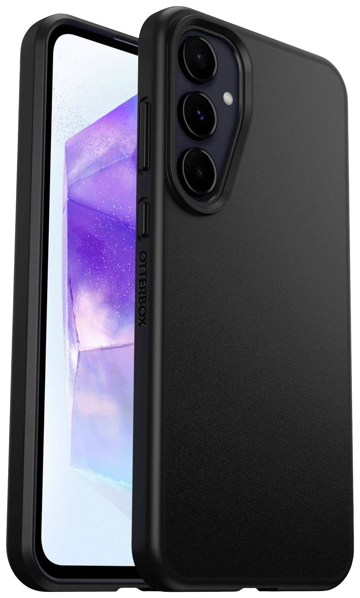 Smartphone v černém pouzdře Otterbox, se třemi objektivy fotoaparátu na zadní straně. Displej zobrazuje abstraktní, fialový vzor.