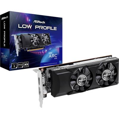 Nízkoprofilová grafická karta ASRock Intel Arc A310 zobrazená s maloobchodním balením a dvojitým ventilátorem chladiče, kompaktní design pro malé počítače.
