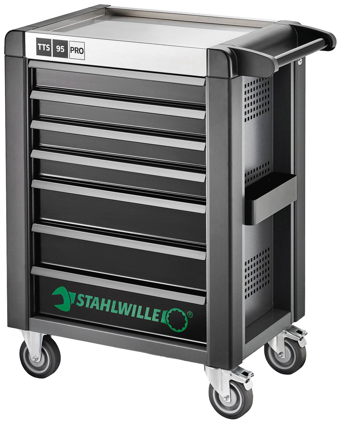 Pojízdný nástrčný vozík s šesti zásuvkami, černý design, s logem značky 'Stahlwille' na boku. Ideální pro uchovávání nářadí.