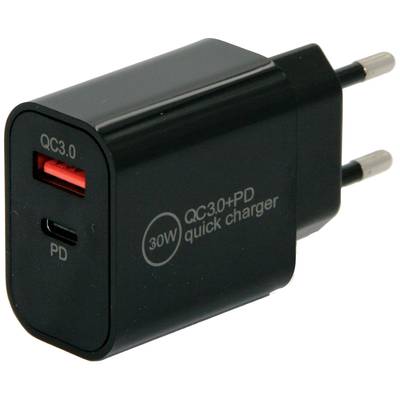 Černá USB nabíječka se dvěma porty: USB-A a USB-C. Nápis: 'QC3.0 + PD rychlonabíječ 30W'.