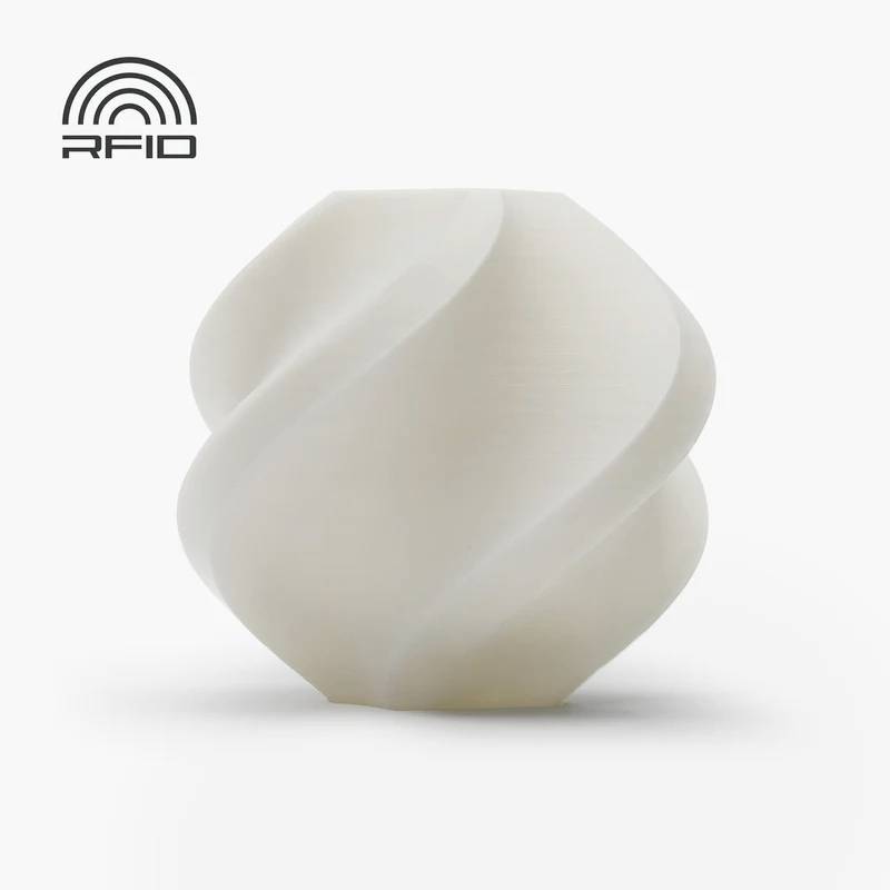 Bílá socha se spirálovitým designem a symbolem 'RFID' v levém horním rohu před bílým pozadím.