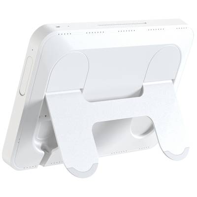 Bílé zařízení stojí na stole s pevným skládacím stojanem. Vypadá jako tablet nebo displej.