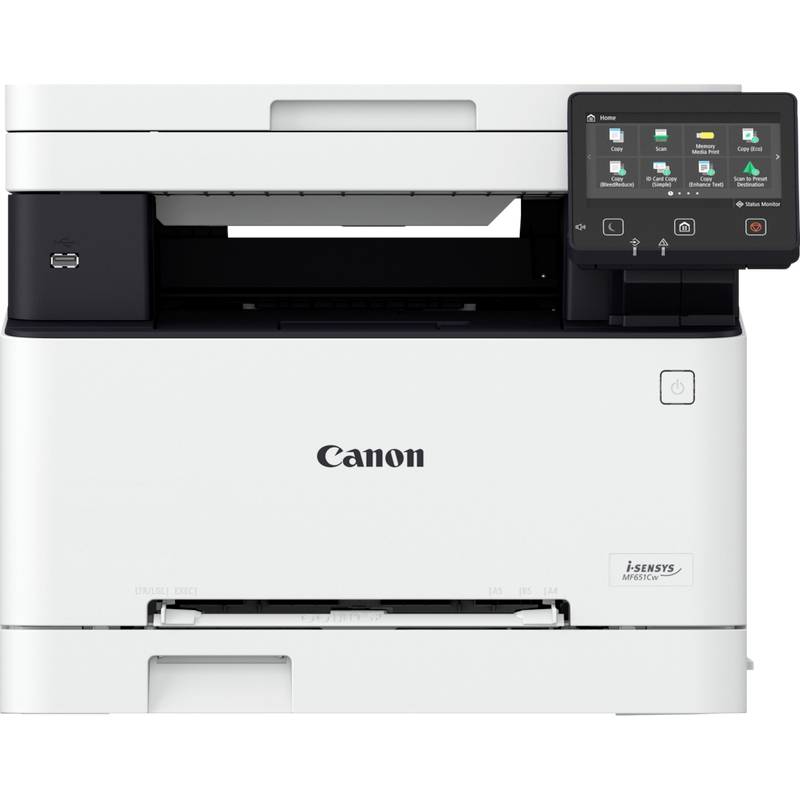 Multifunkční tiskárna značky Canon s dotykovým displejem na bílém pozadí.