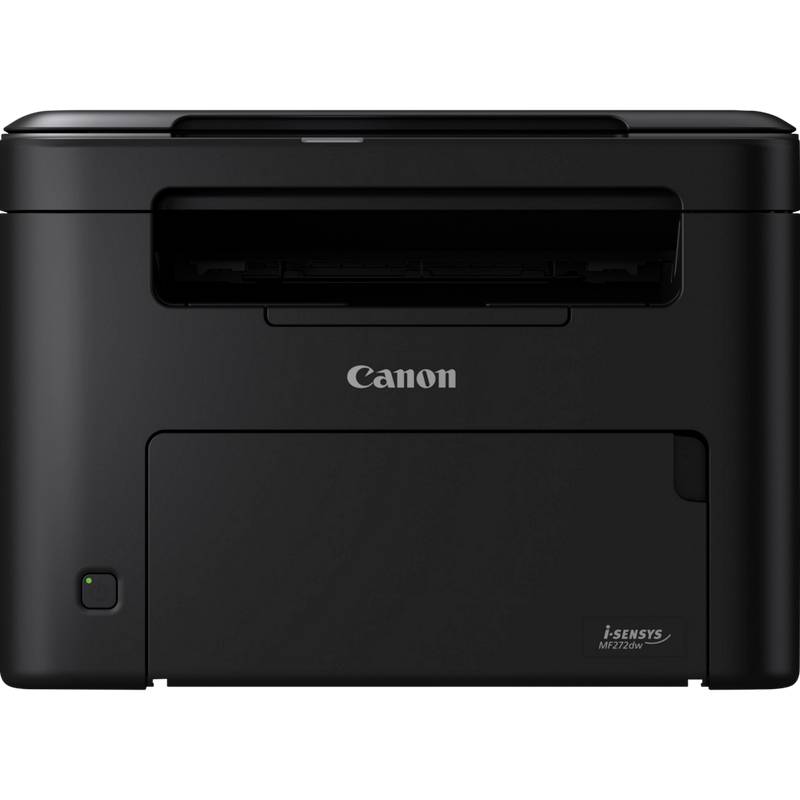 Černá laserová tiskárna Canon z čelního pohledu. Model 'i-SENSYS MF231', kompaktní a funkční pro kancelářské nebo domácí použití.