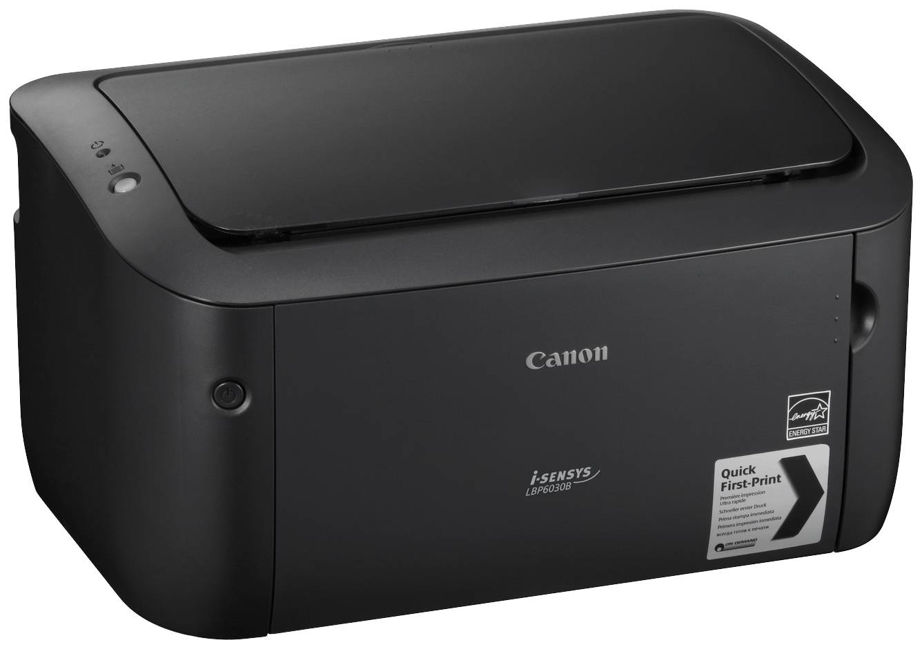Černá laserová tiskárna Canon s modelovým označením 'i-SENSYS LBP6030B' pohledem zepředu. Vhodná pro rychlý tisk.