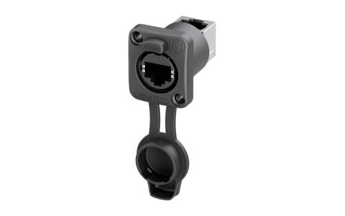 Černý síťový konektor RJ45 s kulatým ochranným krytem, namontovaný v hranatém pouzdře.